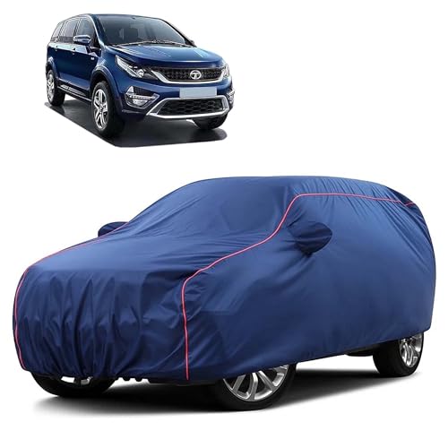 Image of Sulfar 100% Water Resistant Car Body Cover Compatible with Mirror for Tata Hexa (Triple Stitched, Full Bottom Elastic, Blue Taffeta with Red Piping)