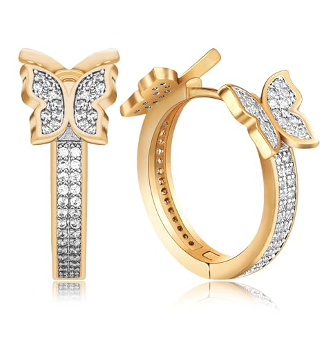 18k Gold Women's Small Gold Butterfly Hoop Earrings, Shining White Cubic Zirconia Geometry Beads Butterfly, Simple Lightweight Hoops Gift for Women