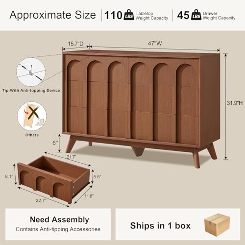 Oak&Sparrow Mid Century Modern Dresser for Bedroom, Walnut 6 Drawer Dresser with Arched Front, 47'' Wide Chest of Drawers Wood Storage Organizer for Living Room - Image 2