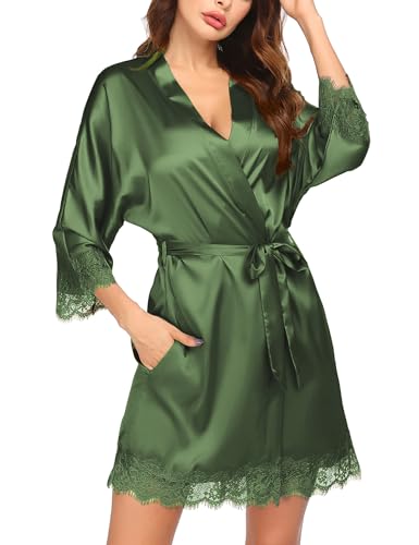 Image of Ekouaer Womens Silk Robes Short Lace Trim Satin Bride Bathrobe with Pockets