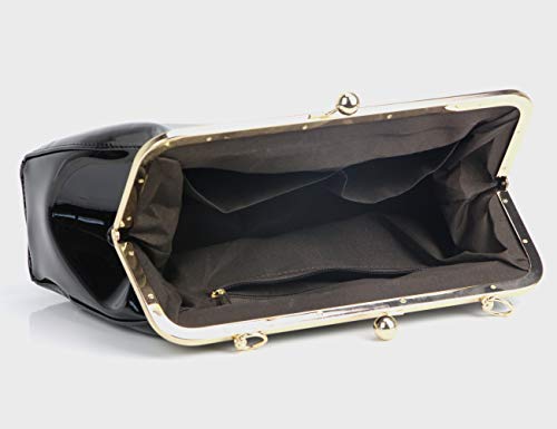 Vintage Kiss Lock Handbags Shiny Patent Leather Evening Shoulder Tote Bags With Chain Strap (Black) Medium #TOP5