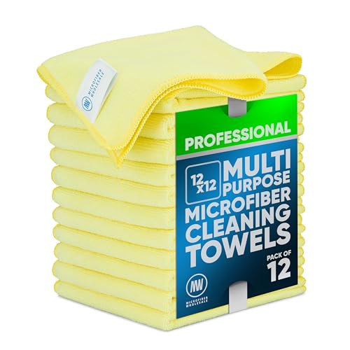 MW PRO Microfiber Cleaning Cloths Yellow (12 Pack, 12x12) - Commercial Janitorial Towels & Lint Free Rags - Heavy Duty for Auto Detailing, Glass Windows, Housekeeping & Screens - Washable 300+ Times