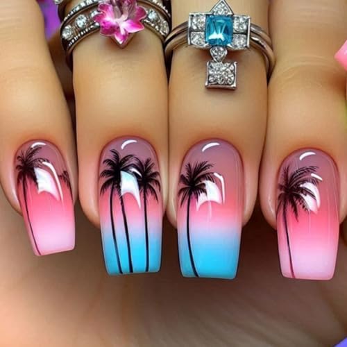 24 Pièces Faux Ongles Moyenne Carrés, Français Naturel Coloré Ongles à Coller, Cocotier d'été Press on Nails, Acrylique Gel Faux Ongles Autocollants...