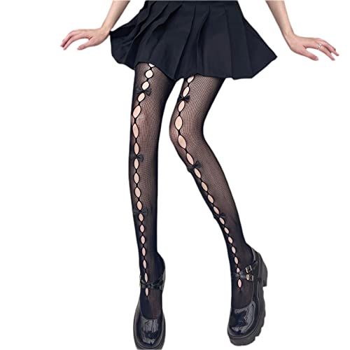 Image of SOLILOQUY Women Y2K Lolita Sheer Tights Bow Knot High Waist Footed Pantyhose Stockings See-Through Stretchy Leggings