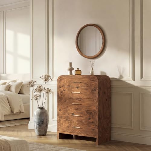 Image of Curved 5-Drawer Dresser for Bedroom, 45.59 inch Tall Modern Chest of Drawers, Wooden Chest of Drawers for Living Room, Closet Storage Organizer Furniture, Nursery, Hallway, Dark Burl