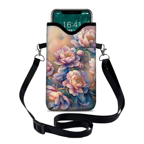 Image of Neoprene Cell Phone Sleeve Pouch Case Bag with Crossbody Strap Neck Lanyard for Women 7.1 X 3.9 in Rich Flower