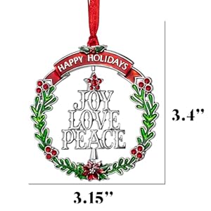 Christmas Ornament Metal Silver Rotating Hanging Design Charm Holiday Tree Decorative Pendant Gift Rotatable Keepsake Home Decor with Luxurious Silk Ribbon Floral Style Rotation Joy Love Peace