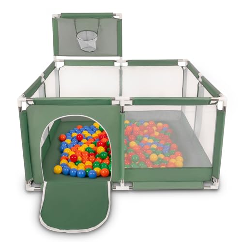 Selonis Parc Bébé Avec 400 Balles Plastiques Aire De Jeu Pliable Basket, Vert : Jaune/Vert/Bleu/Rouge/Orange