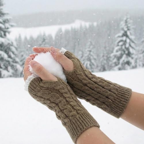 Image of Kraptick Women's Cable Knit Fingerless Gloves - Winter Arm Warmers with Elegant Lace Trim & Thumb Hole - Soft Woolen Thermal Half Finger Mittens for Typing, Driving & Office Work (Free Size, khaki)-1