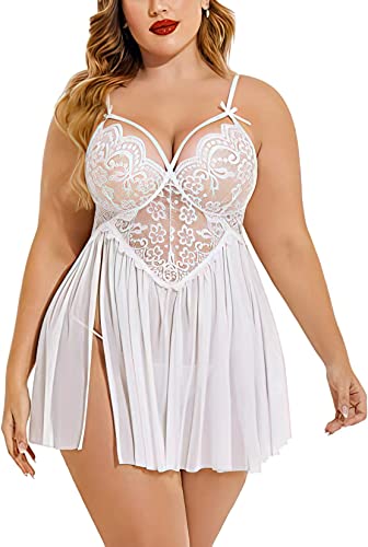 Image of Beautiful Creations Womens Plus Size Lace Floral Knee Length Babydoll Nightwear Set with G-String Panty