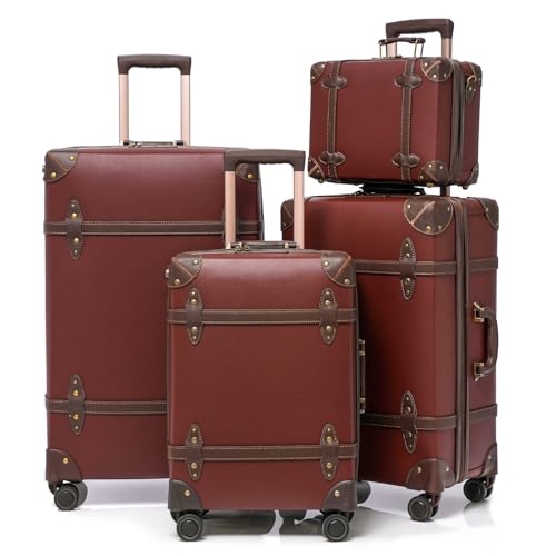 NZBZ Vintage PU Leather Luggage Set 4-Piece Caramel Brown