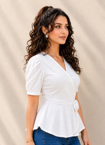 Image of IUGA Women Black Wrap Peplum Top for Women | Puff Half Sleeves V-Neck Casual Western Top | Stylish Regular Fit Tops for Girls