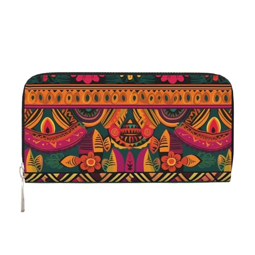 Mexican Folk Art Boho Leather Wallet For Women Girl, Zip Around Credit Card Holder Long Pu Wallet Clutch Purse Waterproof Travel Handbag