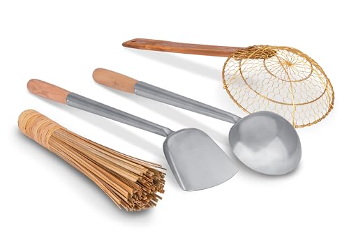 Craft Wok Tools 4 pcs Set: Ladle, Spatula, Strainer, Bamboo Brush/Utensils Traditional Asian Cookware with Wooden Handles / 732W9 - Thumbnail 2