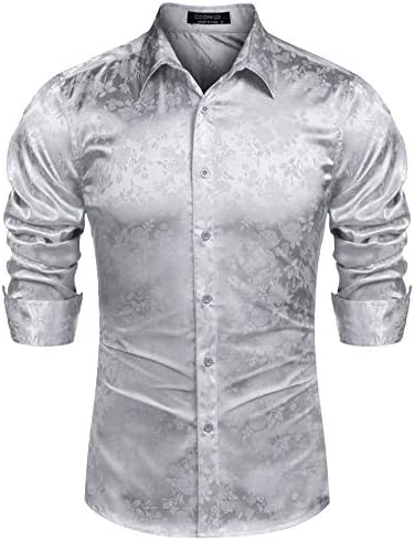 COOFANDY Mens Shirt Rose Jacquard Slim Fit Button Up Dress for Wedding Party Prom, Silver Gray, X-Large, Long Sleeve