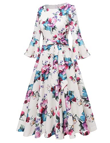 Image of HomRain Women's Church Dresses Modest Bell Sleeve Wedding Guest Cocktail Tea Party Vintage Evening Dress