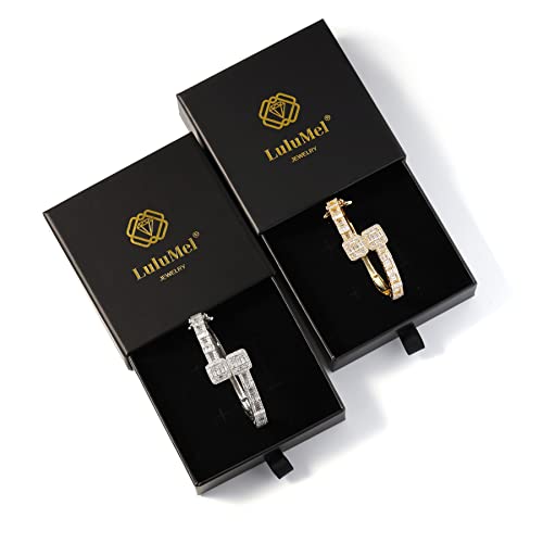 Lulu Mel Iced Out Baguette Diamond Bracelet Jewelry For Women, Hip Hop Mens 14K Gold Silver Plated Cubic Zirconia Bangle Bracelet, Girls Heart Cuff Bracelet With Jewelry Box (Gold, 8Inch) #TOP5