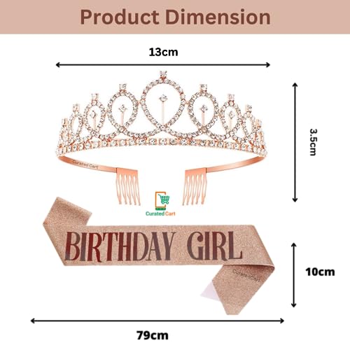 Image of Curated Cart Crystal Crown for Women and Girls - Elegant Rose Gold Glitter Birthday Girl Sash Set with Sparkling Tiara, Perfect for Birthday Parties, Bridal Showers, and Special Occasions
