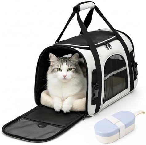 Transportín para Gato Apto para Avión – Bolsa Blanda y Plegable hasta 8 kg con Asa y Correa – Ideal para Viajes y Coche. Incluye Botella Agua Perro 2 en 1