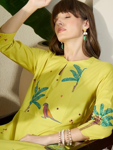 Image of INDO ERA Women's Viscose Rayon Animal Embroidered A-Line Calf Length Kurta & Palazzo Set (IESTR12072)