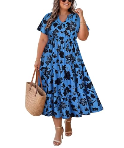 Image of TIYOMI Women Plus Size Dress Boho V Neck Short Sleeve Beach Maxi Dresses Floral /Stripe /Leaves /Lemon XL-5XL