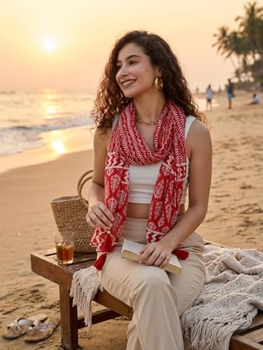 Image of KE KANHA EXPORTS Scarf for Women Premium Cotton Boho | Dual Tone Border Print Stole with Tassels | Lightweight Summer Beach Wrap 180 x 50 cm FREE Scrunchie Included