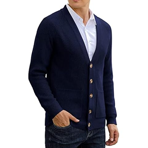 Sailwind Mens Long Sleeve Cardigan Autumn Chunky Knitted V Neck Button Cardigan Soft Cable Knit Sweater for Men (Navy Blue, L) Cover