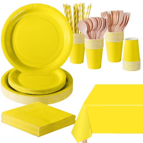 PYAILI 169 peças amarelas louça festa aniversário, pratos e copo de aniversário infantil, conjunto de festa decoração pratos guardanapos para o Natal, churrascos, festas - 24 convidados