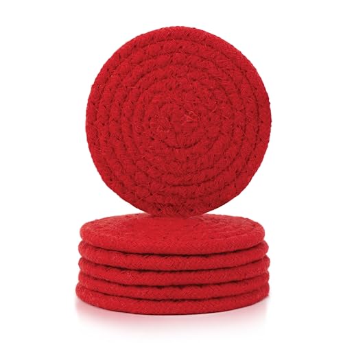 Image of Encasa XO Drink Coasters Set of 6 | Red with Round (9 cm) | Handcrafted Ribbed Cotton | Absorbent & Heat-Resistant | Use for Tea, Coffee Table & Desk