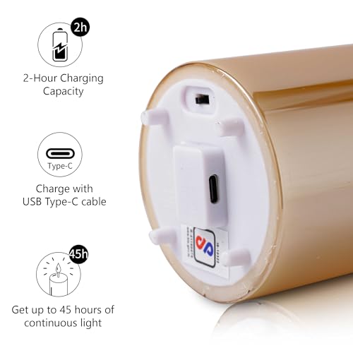 Image of LTETTES Real Wax LED Glass Pillar Flameless Rechargeable Candles | Amber Gold Glass | USB Type-C Wireless Charging Cable | Remote Control Included | Home Decor & Gifting | Set of 1 (7.5 x 15.8 cm)