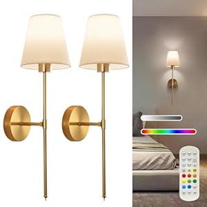 Battery Operated Wall Sconce Set of 2, Gold Rechargeable Wireless Wall Lights with Remote – 5000mAh Dimmable RGB Bulbs | 15 Color, Cordless Wall Lamps for Bedroom, Living Room, Hallway Decor