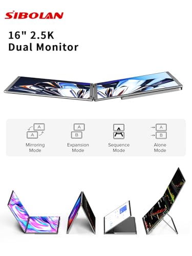 Image of 16 inch 2.5K Dual Portable Monitor, 2560x1600 100% sRGB Foldable Triple Laptop Screen Extender, USB C, HDMI, Plug & Play, Dual Monitor for Laptop, Mac, Windows