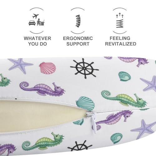 Image of Comfortable Memory Foam Travel Neck Pillow Sea Horse Seashell Anchor, Washable Removable Cover, Chin Head Support for Airplane Car Office Pain Relief Sleeping