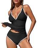 ZAFUL Black Tankini Tops for Women V Neck Push Up Swim Top Color Block Tummy Control High Waisted Swim Bottom Cheeky Bathing Suits for Women (Black L)