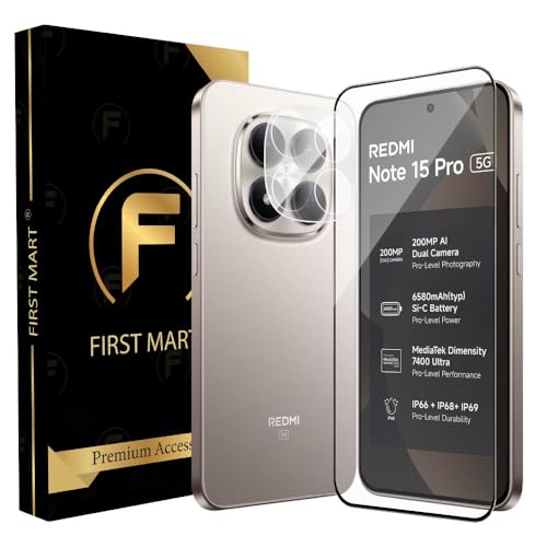 Image of FIRST MART Tempered Glass for Redmi Note 15 Pro with Black Camera Lens Protector & Installation Kit | HD Clear, Edge-to-Edge, Scratch Resistant, Case-Friendly | Pack of 1