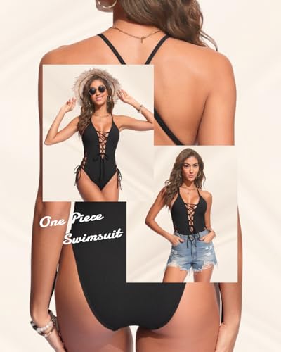 Image of Tempt Me Women Sexy Lace Up One Piece Swimsuit Deep Plunge V Neck High Cut Bathing Suits