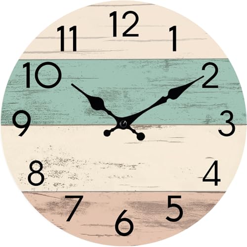 Image of KECYET Wall Clock Silent Non-Ticking Wooden Clocks Battery Operated 8 Inch Small Country Retro Rustic and Beach Style Decorative for Kitchen, Home, Bathroom, Bedroom (Green)