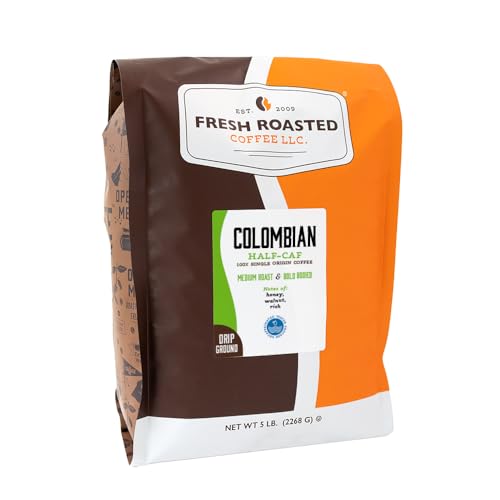 Image of Fresh Roasted Coffee, 100% Colombian Water-Processed Half-Caf Drip Ground Coffee, Medium Roast, Kosher, 5 lb (80 oz)
