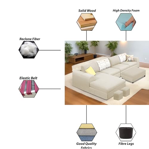 Image of Koza LHS 8 Seater L Shape Sofa Set with Center Table for Living Room (Cream Fabric) Premium Fabric Sofa