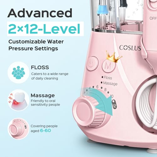Image of COSLUS E2 Advanced Water Dental Flosser Teeth, 2 Modes 12 Pressure Settings | Electric Pick for Orthodontic, Braces, Sensitive Gums - Home Use, 5 Jet Tips for Multiple Family Users, Pink, Standard Set
