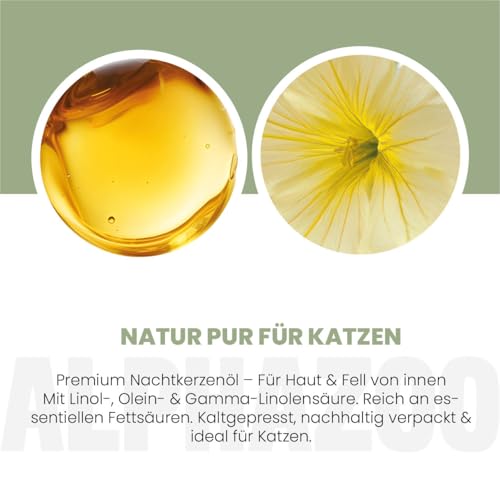 alphazoo Premium Nachtkerzenöl für Katzen 100 ml – Natürliches, kaltgepresstes Futteröl mit Omega‑6 & Omega‑9 – Unterstützt Haut & Fell – Deutsche Premium‑Qualität