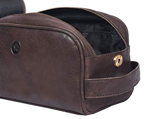 10" Premium Leather Toiletry Travel Pouch With Waterproof Lining | King-Size Handcrafted Vintage Dopp Kit By Aaron Leather Goods (Hickory) - Thumbnail 2