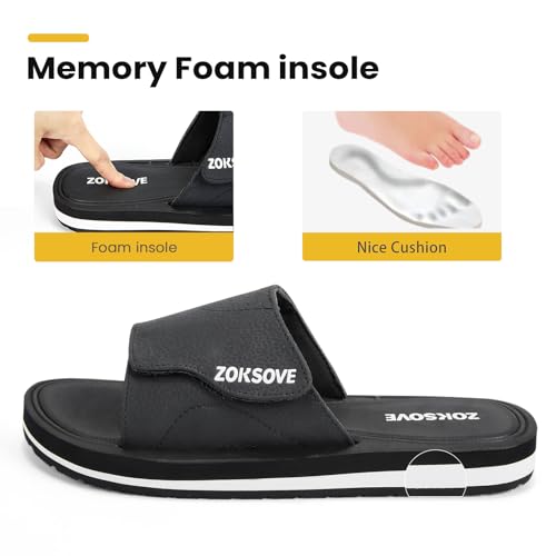 Slides for Men - Adjustable Slide Sandals Slip On- Open Toe Memory Foam Beach Sandals - Comfortable Summer Footwear for indoor/outdoor - Black 74