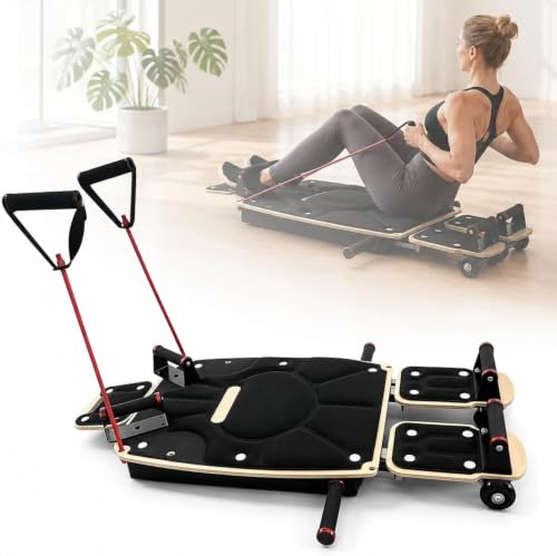 Wooden Pilates Reformer Board with Sliding Rails,Adjustable Resistance Bands,Dual Foot PadsWheels for Full Body Core Strength