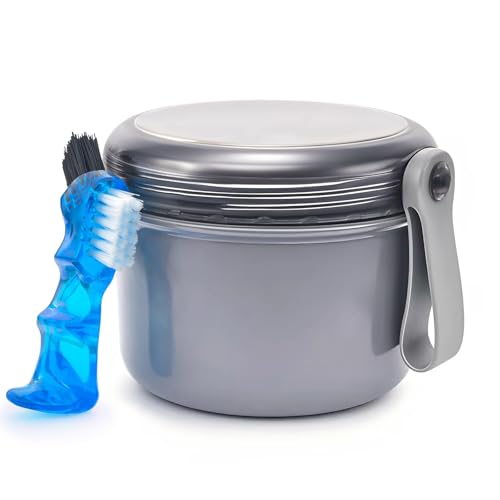 Leak Proof False Teeth Container Denture Box Case Cup Denture Cleaning Box Dental Retainer Cleaner Box Holder Case Portable for with Strainer Basket and Brush - Grey