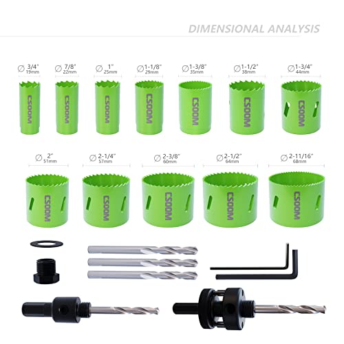 Csoom Hole Saw,Bi-Metal Hole Saw Kits 21 Pcs With 3/4" To 2-11/12" (19Mm-68Mm)12 Pcs Saw Blades, 2 Mandrels, 3 Drill Bits, And 2 Wrenches, Making It The Ideal Tool For Cutting Through A Variety Of Materials Such As Softwood, Plywood, Pvc, Hardwood, And Thin Iron. #TOP1