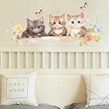 Cozy Kittens Wall Stickers, sacinora Cute Cartoon Cat Butterfly Art Wall Decals Removable Vinyl Peel and Stick for Baby Boy Girl Nursery Living Room Bedroom Toddler Room Kindergarten Home Decorations