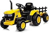 TUFSPRAX Tracteur Électrique Enfants 12V avec Remorque Amovible, Véhicule Agricole à Batterie, Musique MP3, Phares LED, Haute/Basse Vitesse, Jouet de Conduite pour Garçons et Filles, Jaune