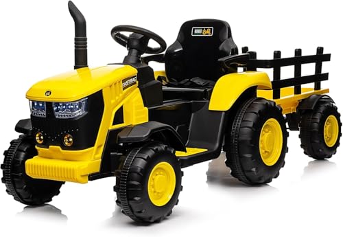 TUFSPRAX Tracteur Électrique Enfants 12V avec Remorque Amovible, Véhicule Agricole à Batterie, Musique MP3, Phares LED, Haute/Basse Vitesse, Jouet de Conduite pour Garçons et Filles, Jaune