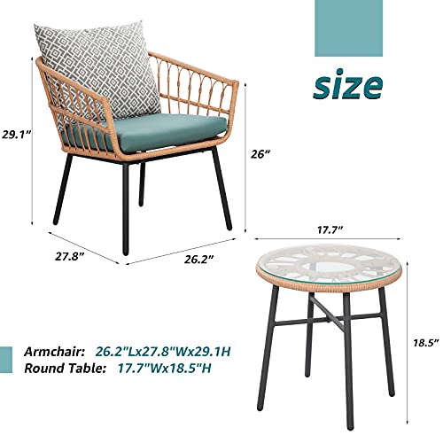 Oc Orange-Casual 3-Piece Patio Bistro Set, Outdoor Furniture All-Weather Wicker Conversation Set, 2 Rattan Armchairs With Round Glass Coffee Table, For Porch, Backyard, Balcony #TOP5